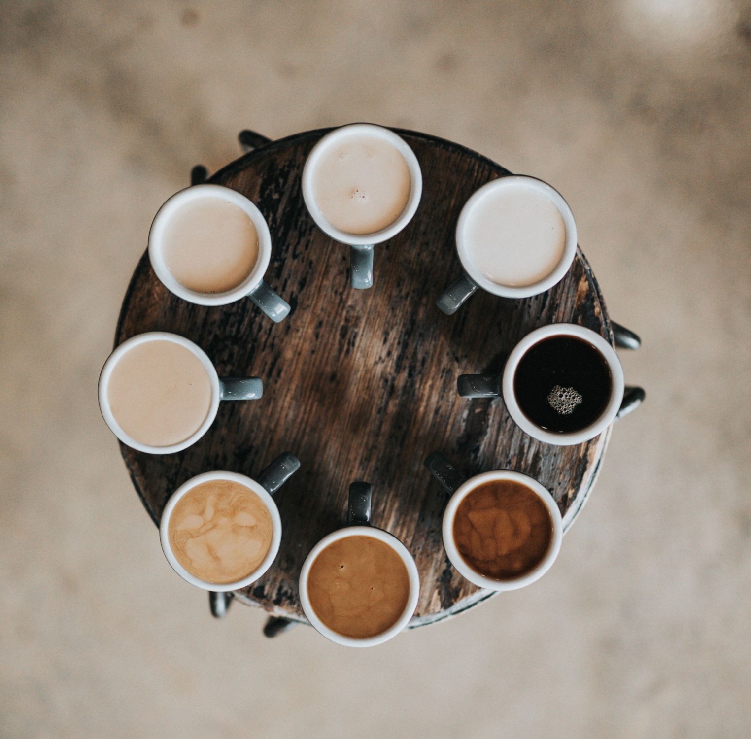 Diverse colors of coffee in a circle.